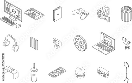 Stream icons set. Isometric set of stream vector icons outline thin lne isolated on white