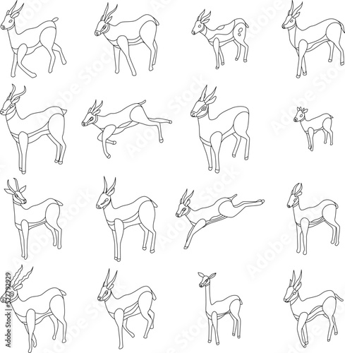 Gazelle icons set. Isometric set of gazelle vector icons outline thin lne isolated on white