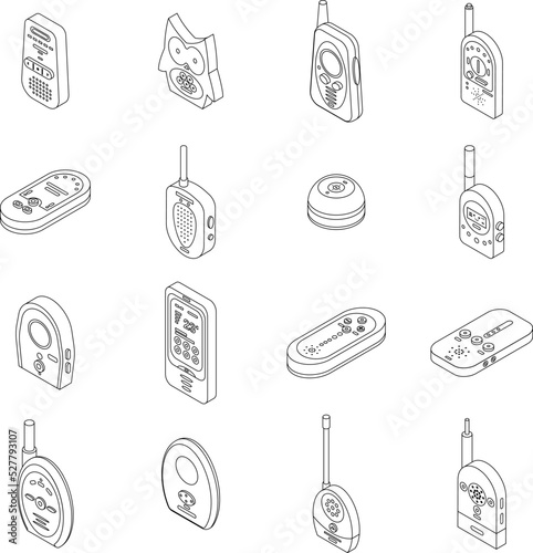 Baby monitor icons set. Isometric set of baby monitor vector icons outline thin lne isolated on white