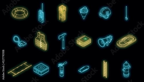 Rescuer icons set. Isometric set of rescuer vector icons neon color on black