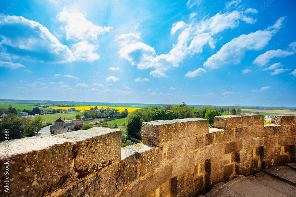 View from castle tower over surrounding fields Blandy, France