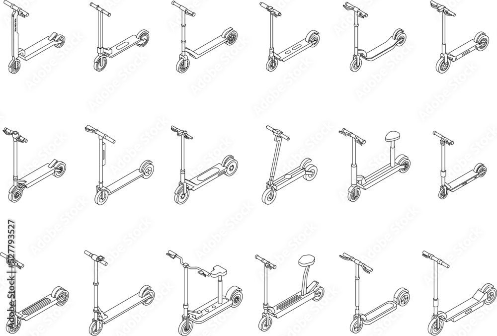 Electric scooter icons set. Isometric set of electric scooter vector icons outline thin lne isolated on white Electric scooter icons set. Isometric set of electric scooter vector icons outline thin lne isolated on white