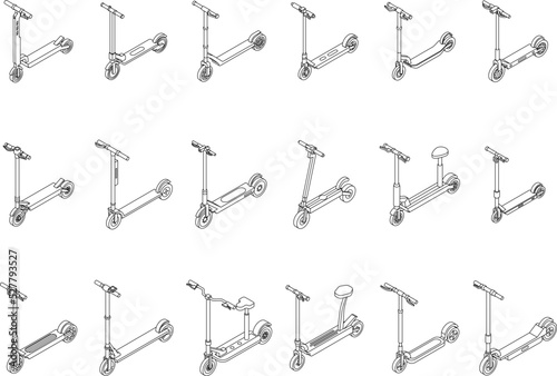 Electric scooter icons set. Isometric set of electric scooter vector icons outline thin lne isolated on white
