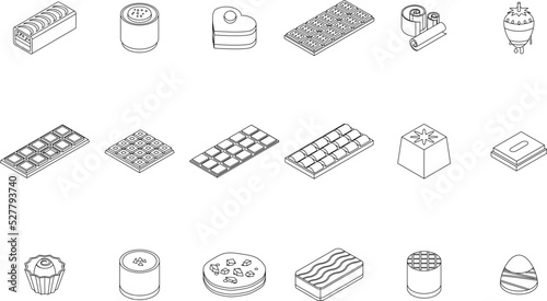 Chocolate icons set. Isometric set of chocolate vector icons outline thin lne isolated on white