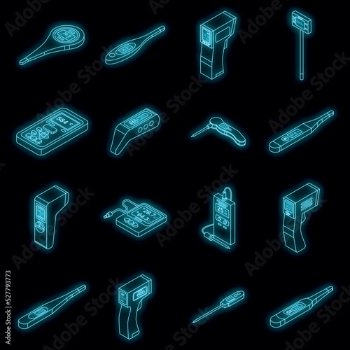 Digital thermometer icons set. Isometric set of digital thermometer vector icons neon color on black