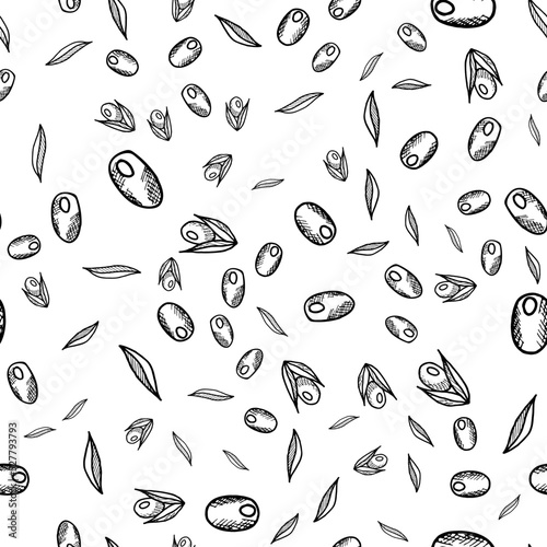 Seamless vector pattern with berries, olives and leaves on a white background. Floral texture in doodle style. Illustration for food packaging, olive oil label, pickled olives, grocery store design