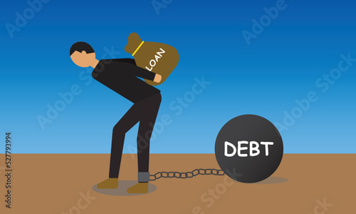A vector of men carrying loan burden with debt legcuff. Financial burden and struggle issue.