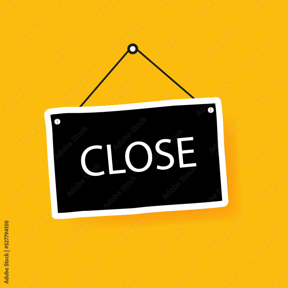 Vector illustration of signboard for the door on a thread on a yellow background. Close text. The establishment is closed. Vector line icon for Business and Advertising Vector illustration of signboard for the door on a thread on a yellow background. Close text. The establishment is closed. Vector line icon for Business and Advertising