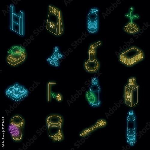 Biodegradable plastic icons set. Isometric set of biodegradable plastic vector icons neon color on black