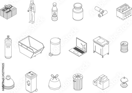 Waste icons set. Isometric set of waste vector icons outline thin lne isolated on white