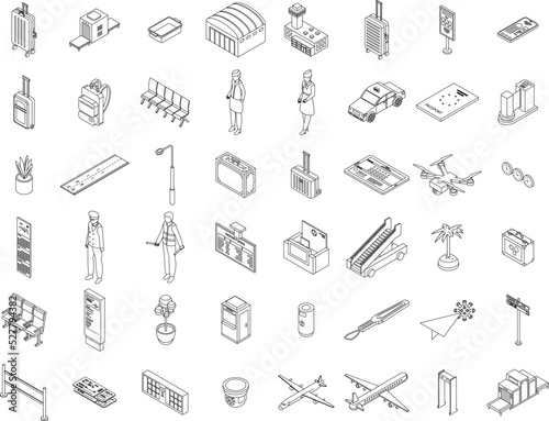 Airlines icons set. Isometric set of airlines vector icons outline thin lne isolated on white