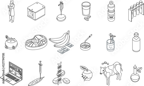 Gmo food icons set. Isometric set of gmo food vector icons outline thin lne isolated on white
