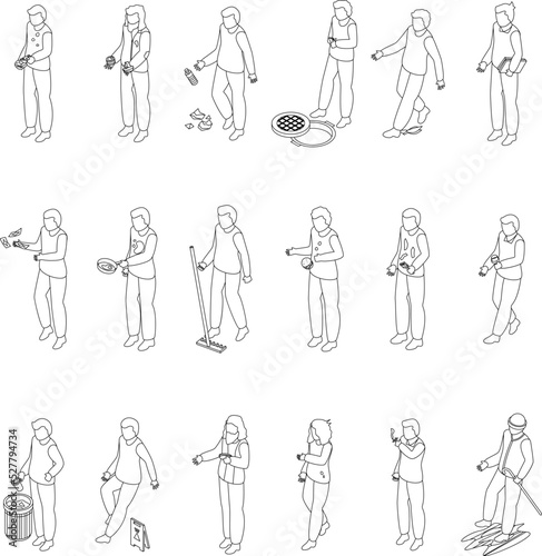 Careless person icons set. Isometric set of careless person vector icons outline thin lne isolated on white