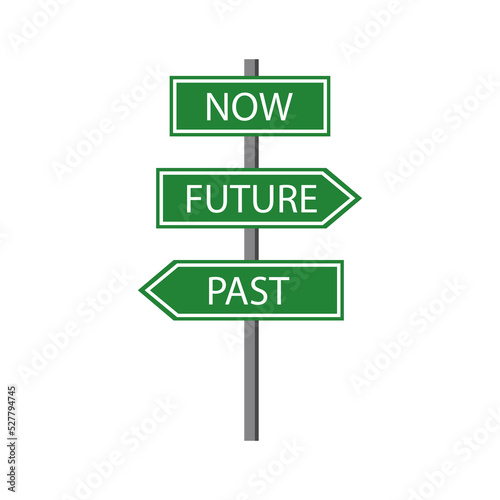 Vector illustration of pole with now, future, past text. Learning English, grammar rules, time rules, tutor. Polyglot concept. Vector line icon for Business and Advertising