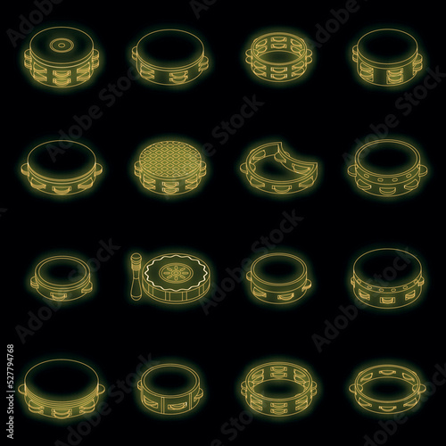 Tambourine icons set. Isometric set of tambourine vector icons neon color on black