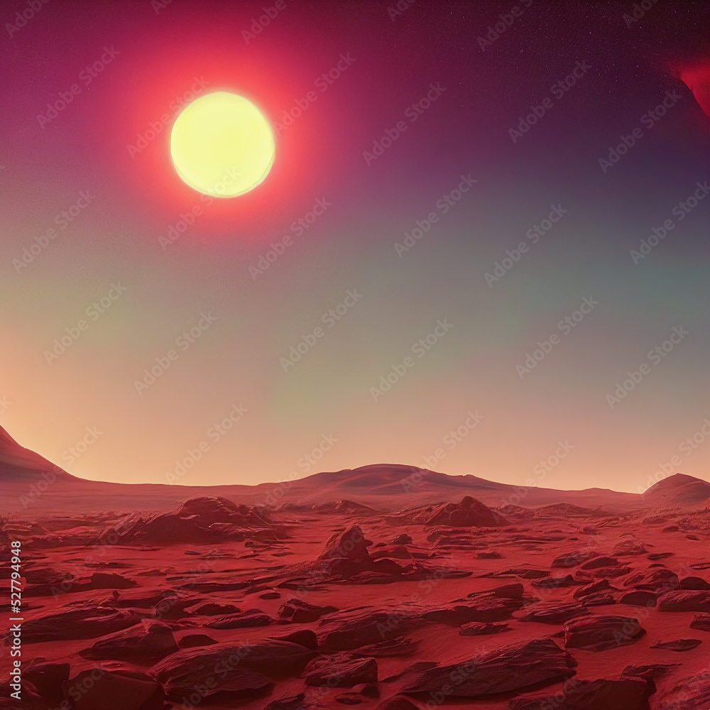 Obraz premium Planet Mars like landscape, sunrise, 3d render
