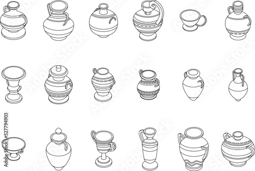 Amphora icons set. Isometric set of amphora vector icons outline thin lne isolated on white
