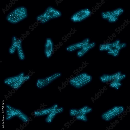 Multitool icons set. Isometric set of multitool vector icons neon color on black