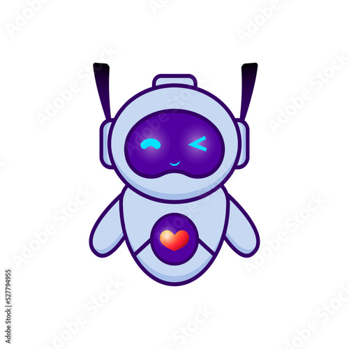 Vector illustration of a winking robot. Robot with neon lights and a heart on his chest. Recommend, good, like, review, feedback, artificial intelligence. Cute robot for business and advertising