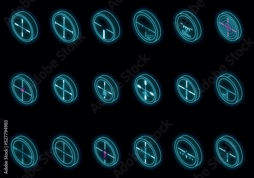 Telescopic sight icons set. Isometric set of telescopic sight vector icons neon color on black
