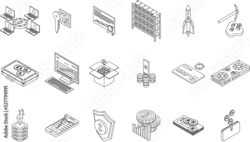 Cryptocurrency icons set. Isometric set of cryptocurrency vector icons outline thin lne isolated on white