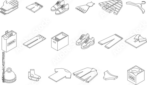 Clothes donation icons set. Isometric set of clothes donation vector icons outline thin lne isolated on white