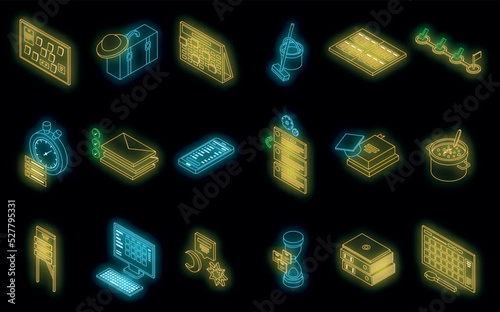 Task schedule icons set. Isometric set of task schedule vector icons neon color on black