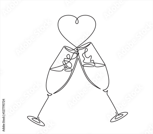 Continuous one line drawing of cheers two glasses with champagne and hearts. Romantic toast concept  in linear style isolated on white background. Vector illustration