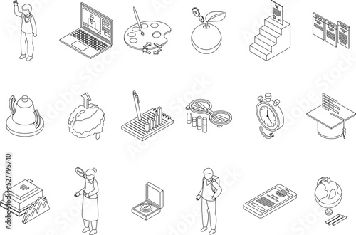 Education workflow icons set. Isometric set of education workflow vector icons outline thin lne isolated on white