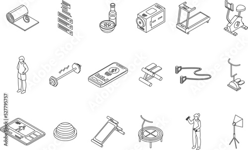 Fitness blog icons set. Isometric set of fitness blog vector icons outline thin lne isolated on white