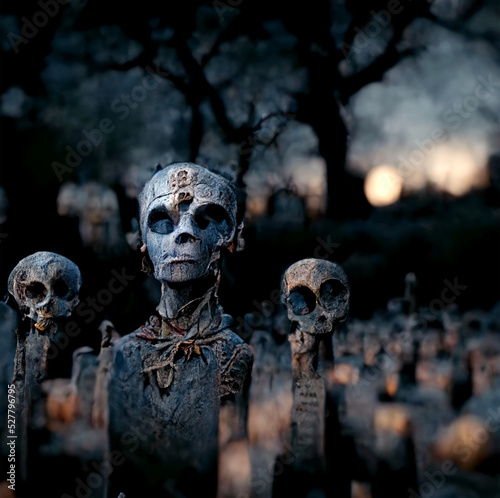 Schilderij op canvas scary cemetery with ghosts at night horror Halloween background