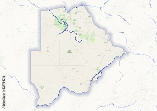 Botswana physical map with important rivers the capital and big cities photo