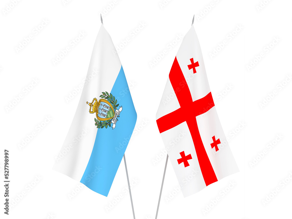 National fabric flags of Georgia and San Marino isolated on white background. 3d rendering illustration. National fabric flags of Georgia and San Marino isolated on white background. 3d rendering illustration.
