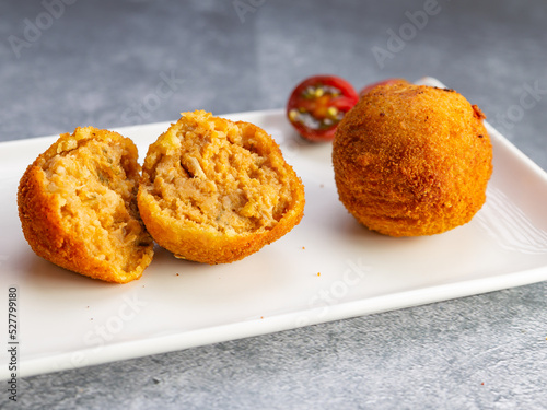 croquette on a white white plate, typical tapa esapñola