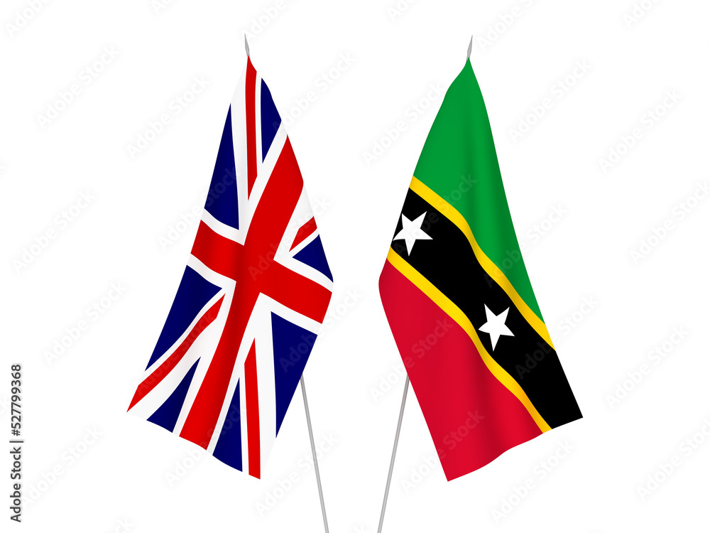 National fabric flags of Great Britain and Federation of Saint Christopher and Nevis isolated on white background. 3d rendering illustration.