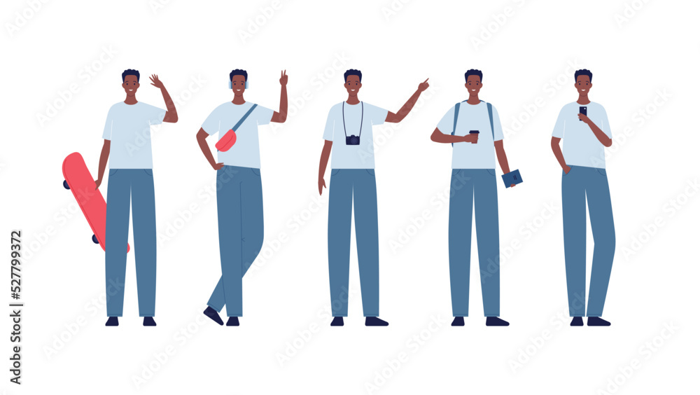 Character collection. Vector flat design people illustration set. Young adult african male or teenager boy standing isolated. Coffee, bags, skate board, smartphone and backpack accessories Character collection. Vector flat design people illustration set. Young adult african male or teenager boy standing isolated. Coffee, bags, skate board, smartphone and backpack accessories