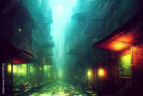 scifi  dystopia post-apocalyptic city  narrow street, lime green and pink lights, concept art, digital painting, cinematic, photo