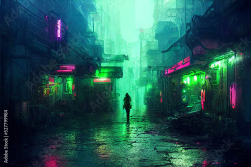 Valokuva cyberpunk post-apocalyptic city  narrow street, lime green and pink lights, conc