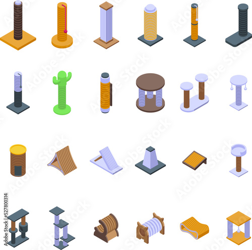 Cats scratching post icons set isometric vector. Tree tower. Cat animal