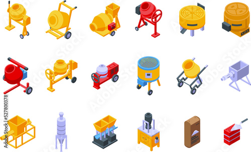 Cement mixer icons set isometric vector. Concrete material. Worker mix