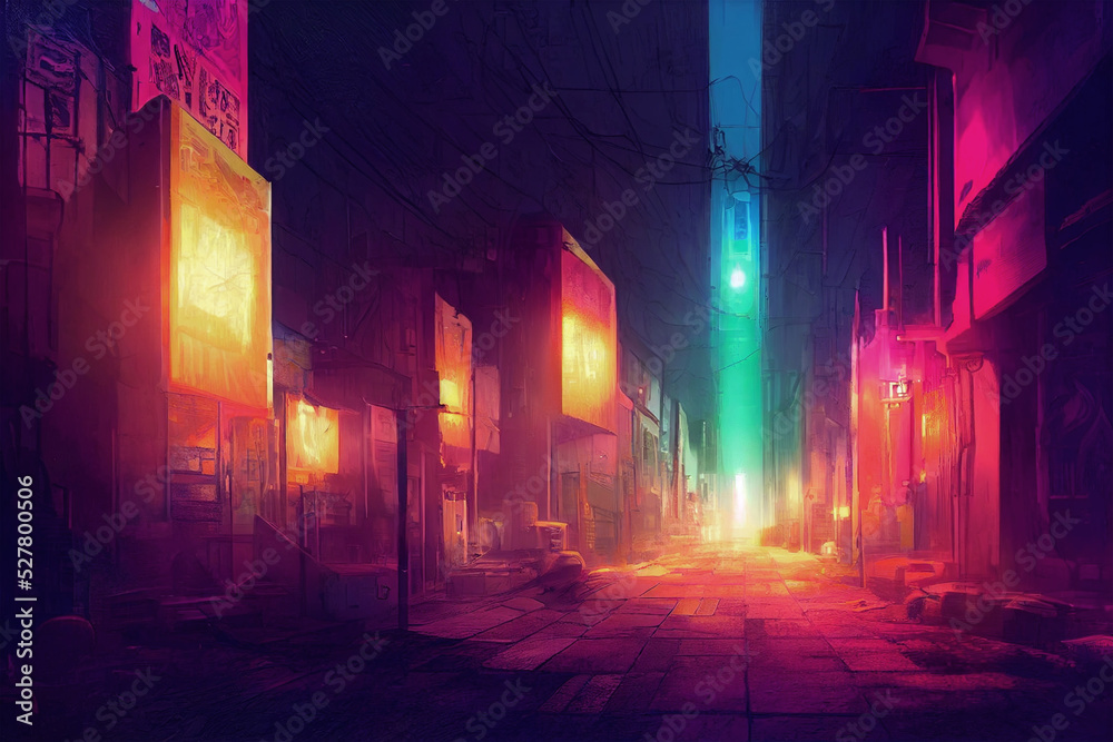 dystopian cyberpunk city  narrow street, concept art, digital painting, cinematic,