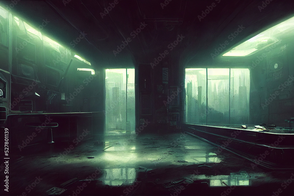 futuristic abandoned cyberpunk room , dystopia, gloomy atmospher , digital painting