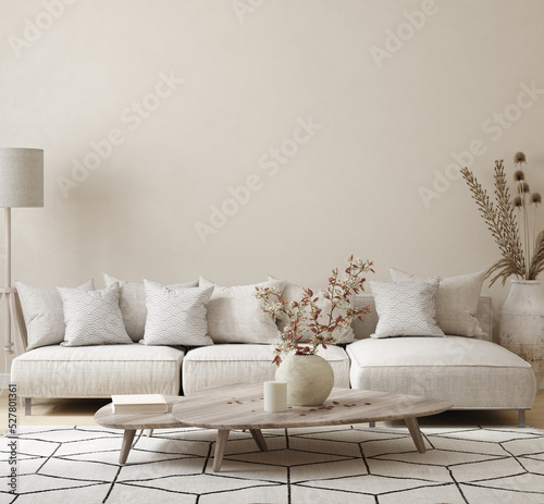 Home mockup, beige room with natural wooden furniture, Scandi boho style interior background, 3d render