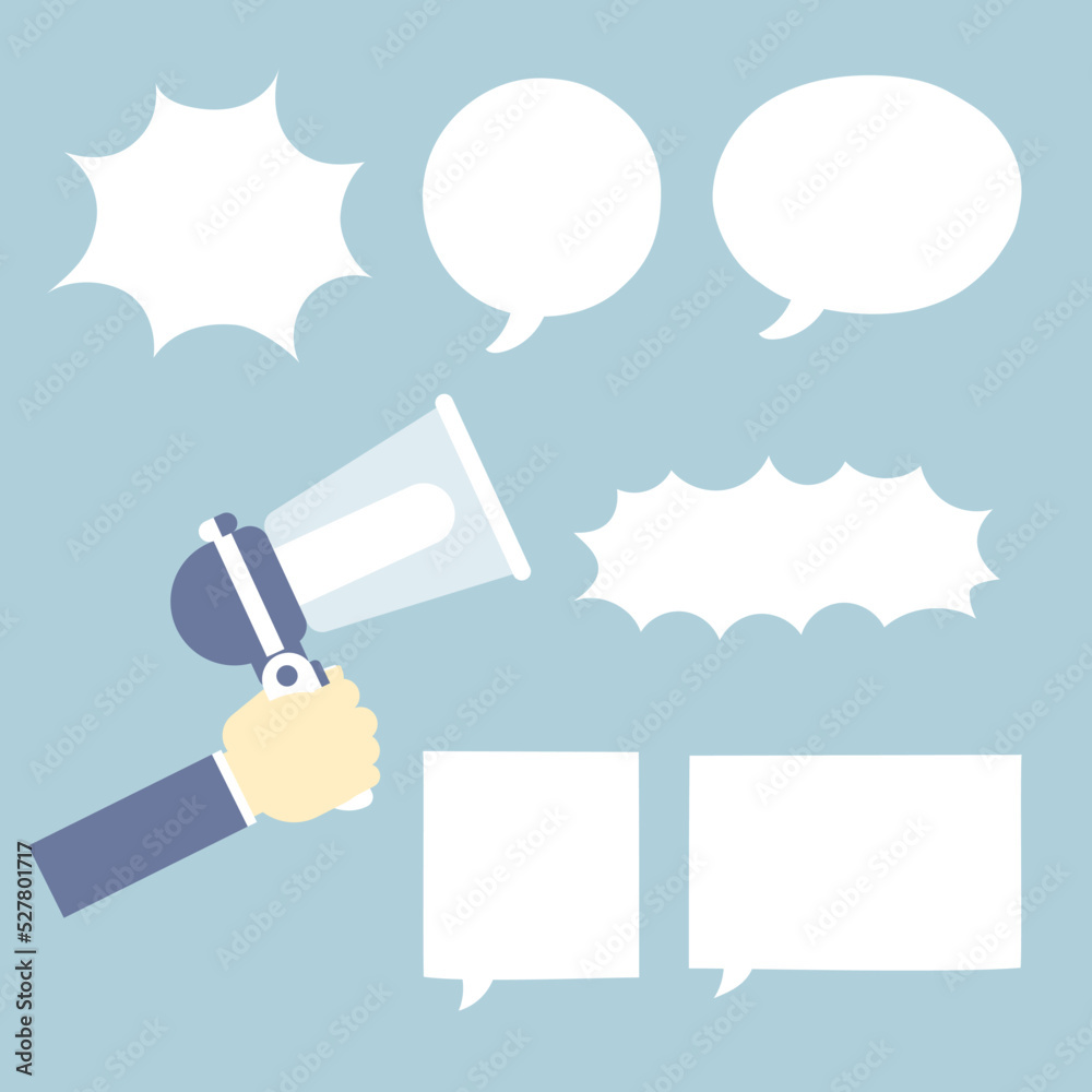 hand holding announcement megaphone with speech bubble balloon , speak, talk, text box, promotion price sale discount special advertisement shop, flat design vector illustration