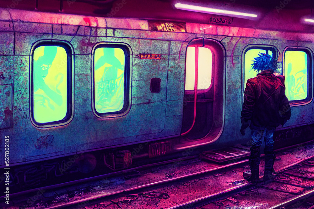 cyberpunk post apocalyptic subway scene, man standing in front of train, digital painting cyberpunk post apocalyptic subway scene, man standing in front of train, digital painting