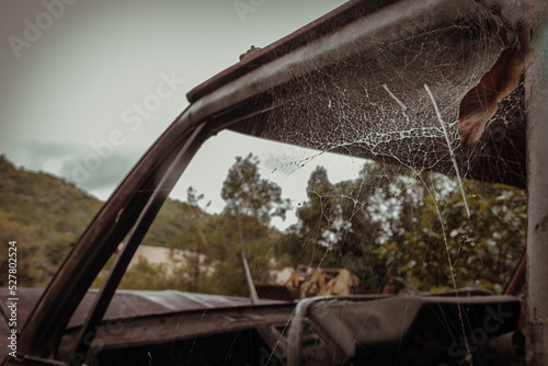 Spider web and dry leaves on window of old Abandoned car in the forest. Selective focus.