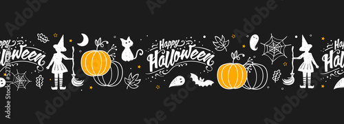 Fun hand drawn Halloween seamless pattern with cats, hats, bats and decoration - great for textiles, banners, wallpapers, wrapping - vector design