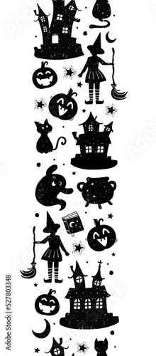 Fun hand drawn Halloween seamless pattern with cats, hats, bats and decoration - great for textiles, banners, wallpapers, wrapping - vector design