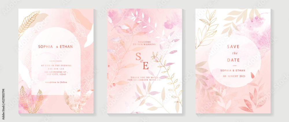 Luxury botanical wedding invitation card template. Watercolor card with pink color, leaves branches, foliage, trees. Elegant blossom vector design suitable for banner, cover, invitation.