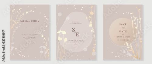 Luxury botanical wedding invitation card template. Minimal watercolor card with flowers, wildflowers, foliage, wild grass. Elegant blossom vector design suitable for banner, cover, invitation.